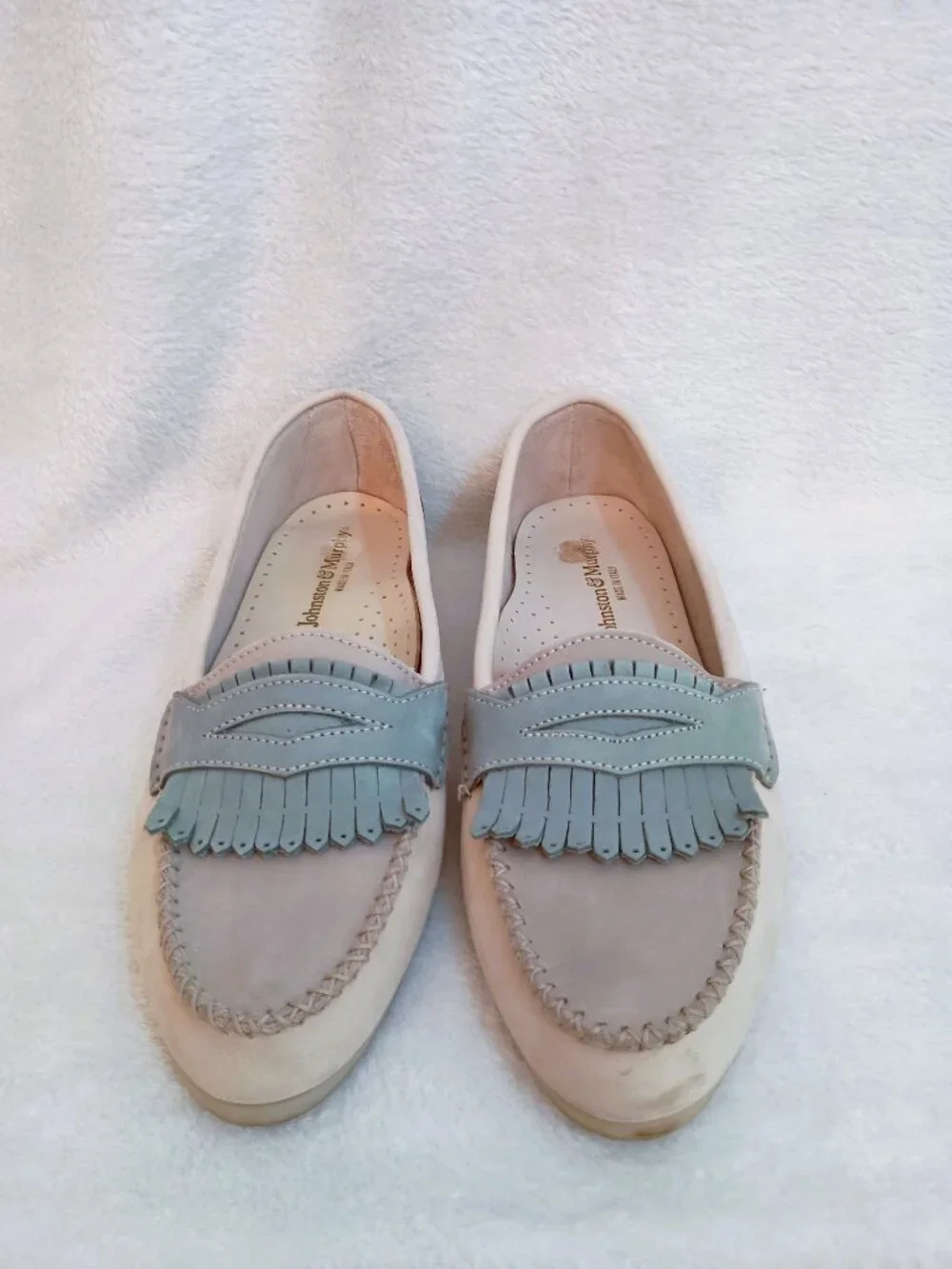 Johnston and Murphy Loafers Sz 11 M Italy Cream Gray Blue Nubuck Leather